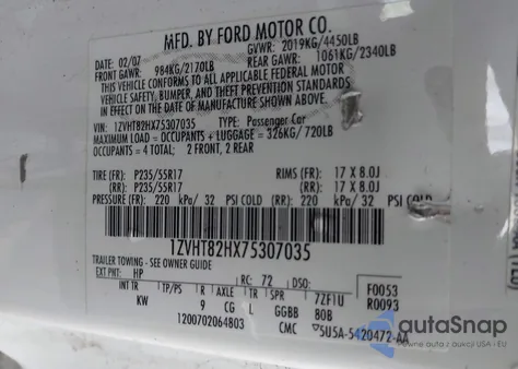 2007 Ford Mustang Gt Deluxe/Gt Premium from USA, damaged, VIN 1ZVHT82HX75307035